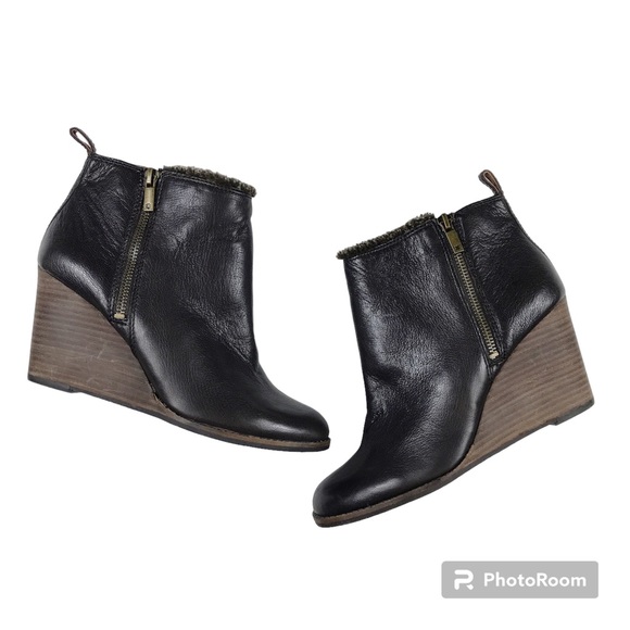 Lucky Brand Brown Leather Faux Fur Wedge Ankle Boot - Picture 5 of 11